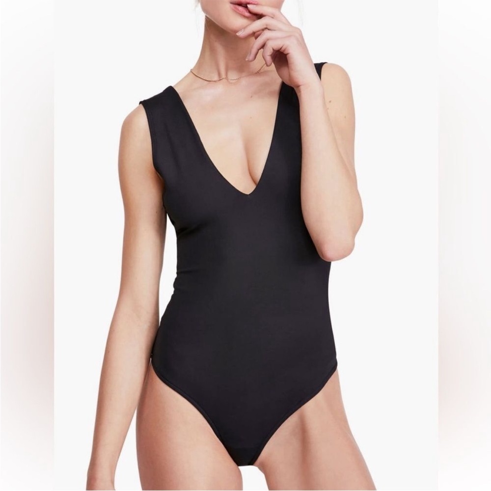 New Free People Intimately Keep it Sleek Black Bodysuit Deep V Sz XS